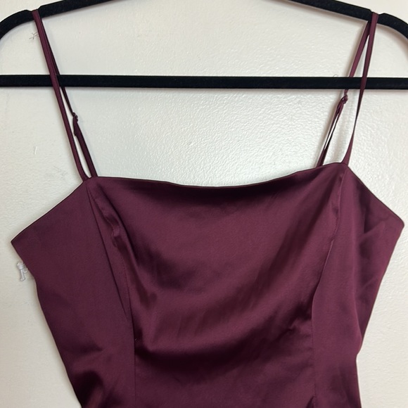 Sunday Best Shimmer Satin Square Neck 90s Style Mini Dress in Spiced Burgundy - Picture 11 of 17